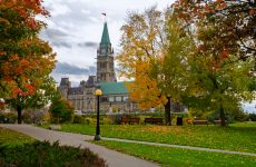 Canadian Parliament Buildings in autumn seen from Major's Hill Park in Ottawa, Canada